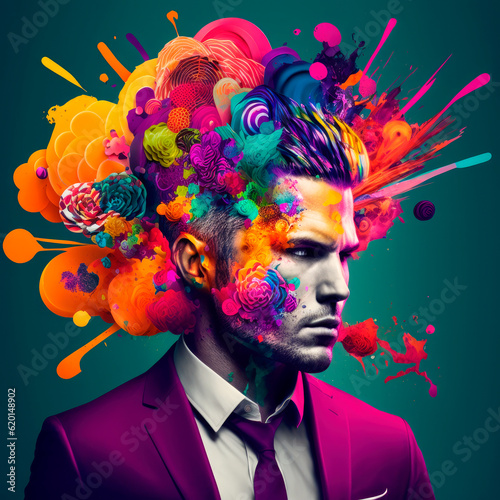 Radiant Gent: Handsome Man in Stylish Purple Suit, Surrounded by Burst of Colorful Explosion on Celestial Background