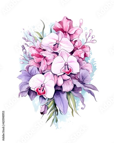 Bouquet of orchid flowers on white background in watercolor style. Generative AI.