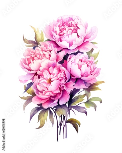 Bouquet of pink peonies on white background in watercolor style. Generative AI.