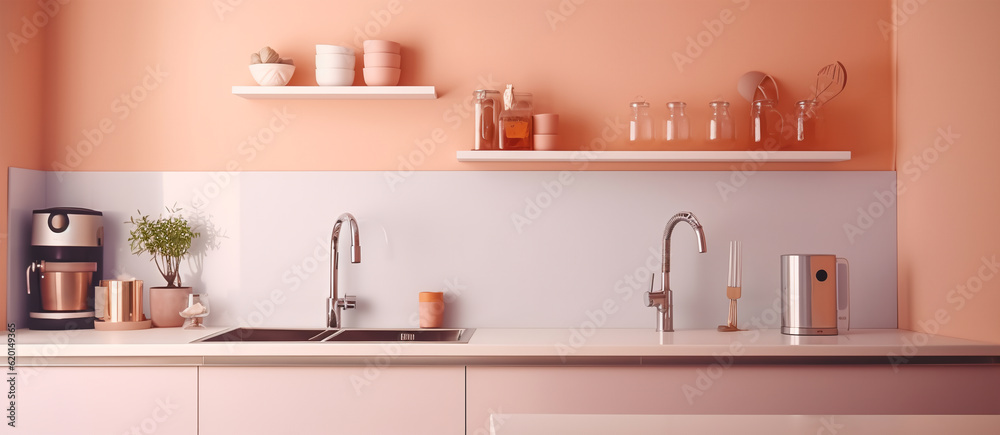 Fototapeta premium portrait of kitchen room interior with kitchenware layout, generative ai