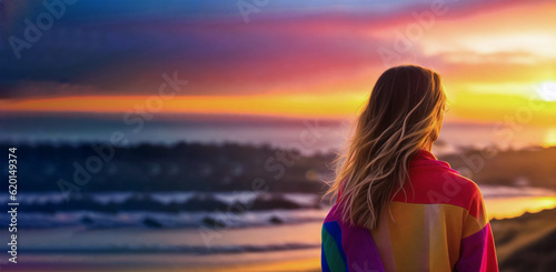 Rearview of a young woman at the sunset