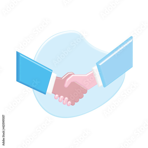 Vector 3d shaking hands with agreement, confirmation, success of transaction. Business deal for partnership, cooperation. Volumetric businessmen on Internet.