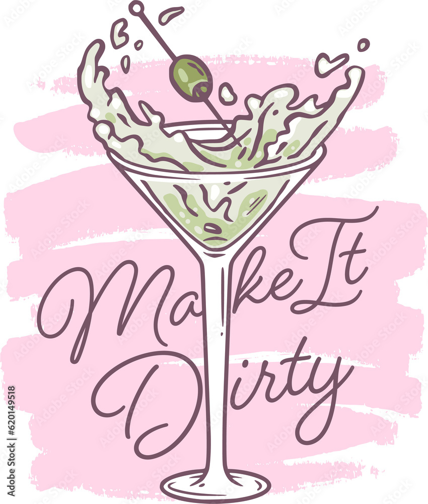 Martini cocktail for beach bar. Transparent alcohol cocktail with olive and ace for bar menu or summer party