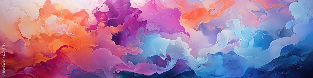 Abstract fluid colors, background with multicolor bubbles. AI generated abstract banner.