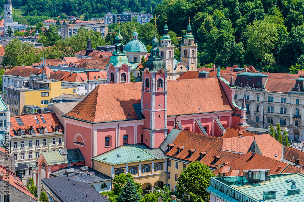 A view over rooftops towards the cathedral from central Ljubljana, Slovenia in summertime