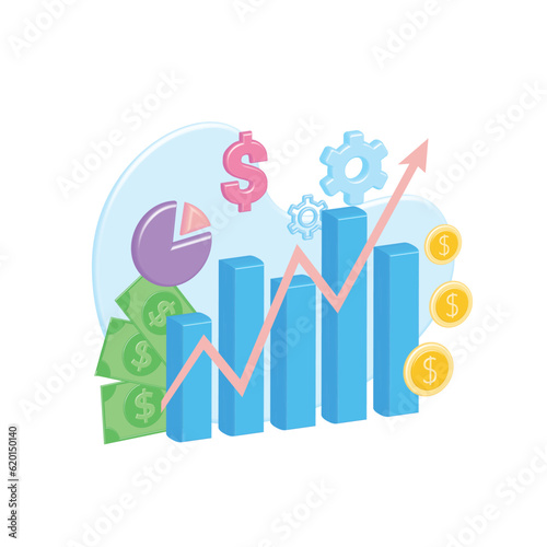 Volumetric, growing, successful graph, finance diagram. Analysis of bank data, monetary information with cash, 3d gold coins, cash. Investment strategy, economy. Currency exchange with dollar sign. Up