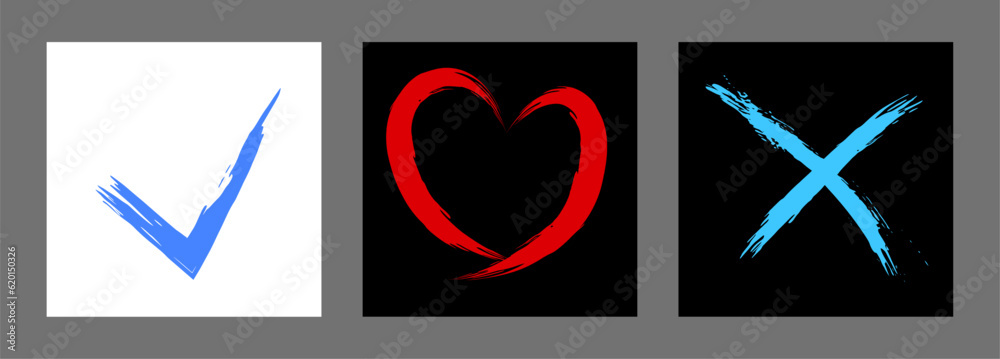 The cross, heart and OK symbol are hand-drawn with a brush. Prohibition, denial, error. Love. Approval, consent. Vector, set of 3 characters The cross, heart and OK symbol are hand-drawn with a brush. Prohibition, denial, error. Love. Approval, consent. Vector, set of 3 characters
