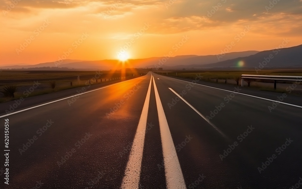 The sun is setting over a highway with mountains in the background. AI