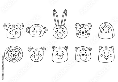 Funny vector set of hand drawn animal faces. Cute doodle muzzles of koala, monkey, hare, tiger, penguin, lion, cat, bear, pig. Cartoon collection on a white background.