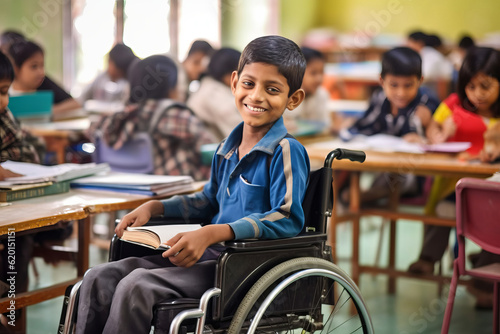 Smiling ethnic youth in wheelchair at school.