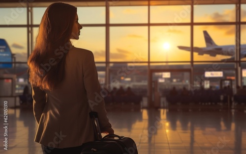 Women Traveler at Airport with Luggage. Generative AI