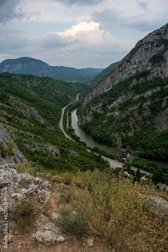 Amazing view from the top of the mountain on the Sicevac Gorge near the town of Nis, Balkan Mountains, Serbia. A beautiful winding road passes through the gorge of the river Nisava.