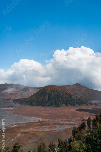 Landscape view of bromo volcano with cloudy sky. Misty bromo tengger Semeru National Park