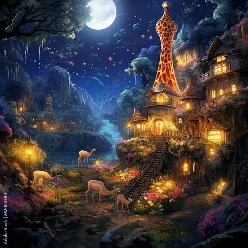 City in the forest at night and with animals