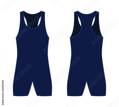 Navy Blue Wrestling Singlet Template On White Background.Front and Back View, Vector File.