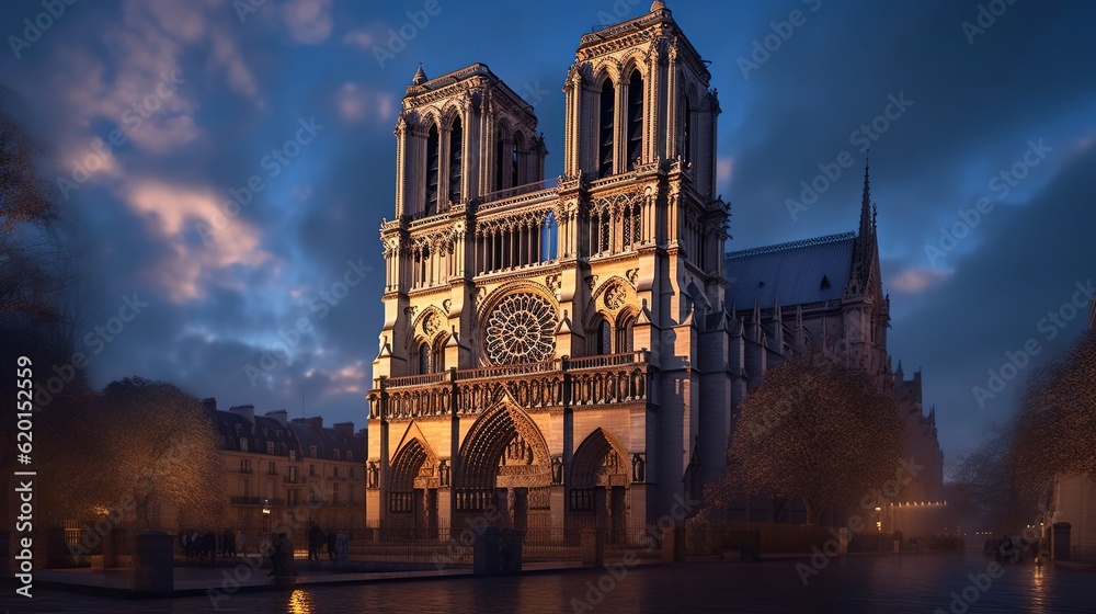 Notre-Dame Cathedral in Paris during evening time.
Created with Generative Ai technology.