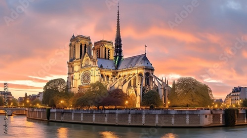 Notre-Dame Cathedral in Paris during evening time.
Created with Generative Ai technology.