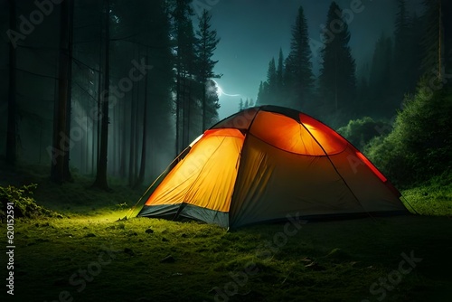 a beautiful camping scene in a forest