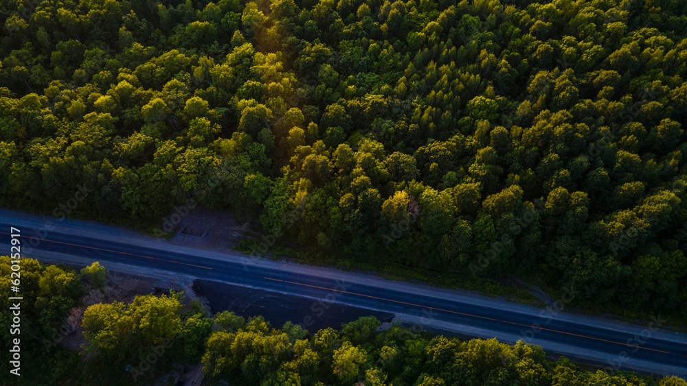 Aerial view of the country road and power lines near to the mountain range, coniferous high forest and the river at summer cloud evening with horizon, purple color