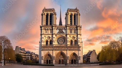 Notre-Dame Cathedral in Paris during evening time. Created with Generative Ai technology.