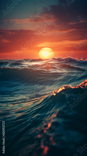 Sun is setting over the ocean waves.
