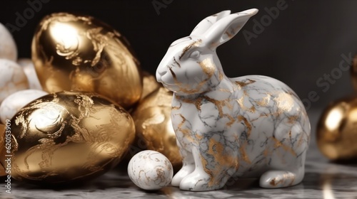 an artistic product. Rabbits and eggs made of white marble and gold. Jewelry, design, jewelry. concept of the holiday. Easter. generative AI