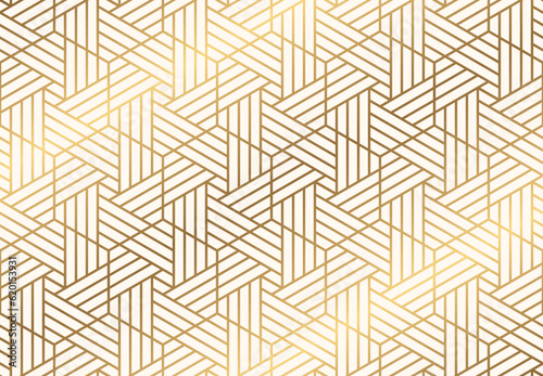 Luxury hexagon seamless pattern with gold striped lines. Oriental style repeats background vector for print artwork.