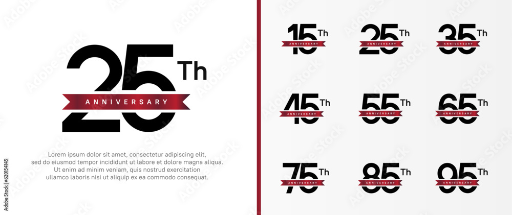 set of anniversary logo black color number and red ribbon on white background for celebration