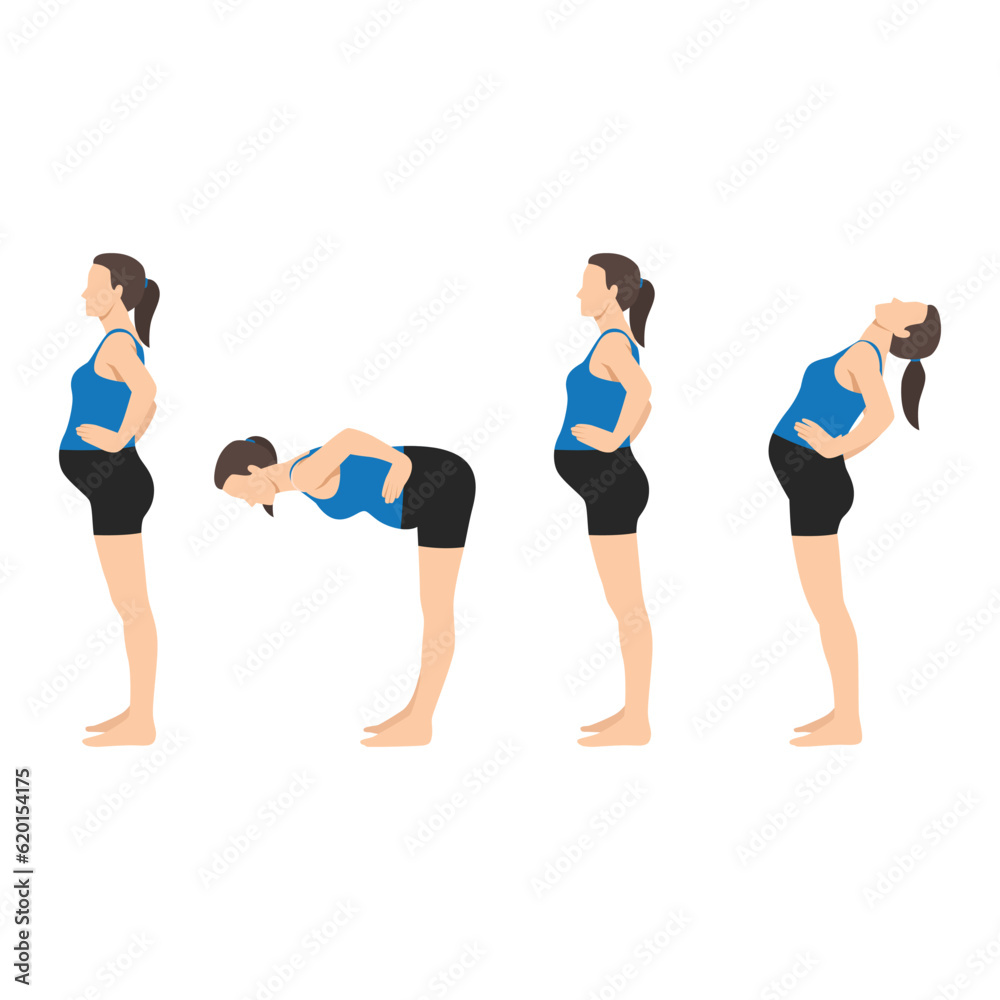 Pregnant woman workout standing on mat and doing standing bends exercise. Flat vector illustration isolated on white background Pregnant woman workout standing on mat and doing standing bends exercise. Flat vector illustration isolated on white background
