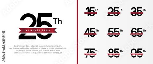 set of anniversary logo black color number and red ribbon on white background for celebration