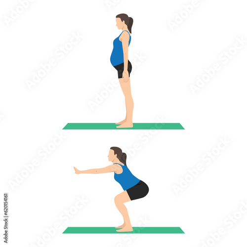 Exercise for pregnant woman. Sport during pregnancy. Idea of active and healthy lifestyle. Squat. Flat vector illustration isolated on white background