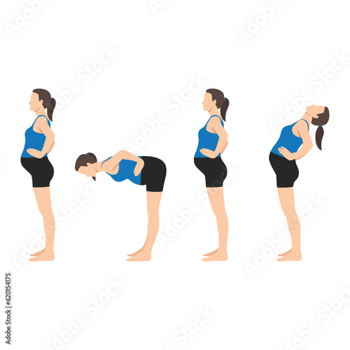 Pregnant woman workout standing on mat and doing standing bends exercise. Flat vector illustration isolated on white background
