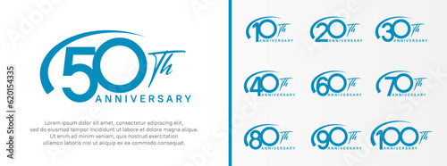 set of anniversary logo blue color number and swoosh on white background for celebration