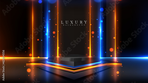 Black podium with blue and gold neon light effect with bokeh decoration moving around on dark scene. Futuristic background design, elegant style.