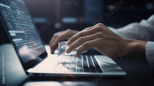 Browsing Internet Data Information Search engine with businessman hand background. Man clicking internet search bar accessing homepage on computer touch screen. Digital Networking , Generative Ai