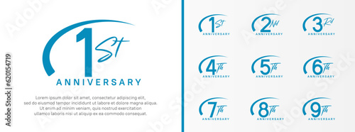 set of anniversary logo blue color number and swoosh on white background for celebration