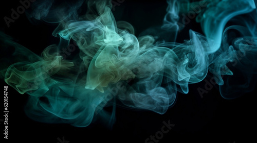 Abstract backdrop Cloud of green and blue smoke on a black isolated background. soft mystery horror design, spooky background texture concept, Generative Ai