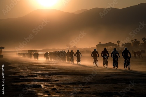 A cyclists races at sunset in difficult cross-country conditions . Generative AI