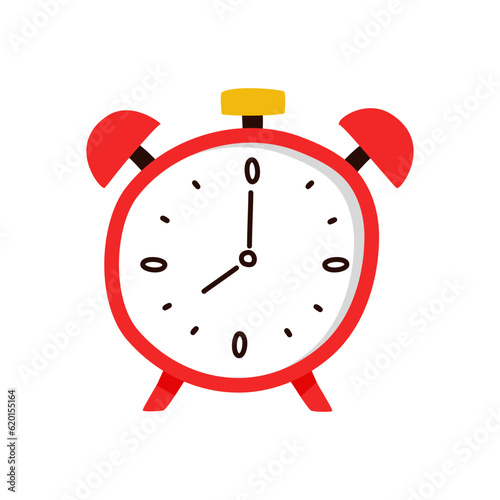 Alarm clock red wake-up time isolated on background in flat style