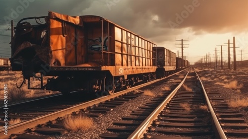 unclaimed rusty freight wagons derailed or on abandoned branches. wartime, crisis, misfortune, disaster. environment and insurance concept.Generative AI 