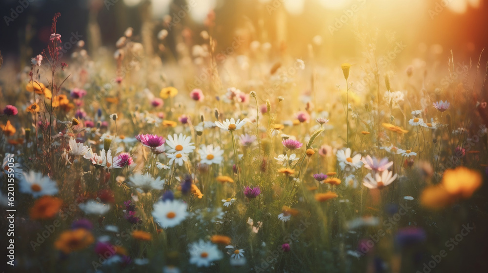 Colorful flower meadow with sunbeams and bokeh lights in summer - nature background banner with copy space - summer greeting card wildflowers spring concept, Generative Ai