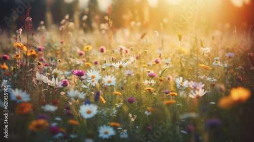 Colorful flower meadow with sunbeams and bokeh lights in summer - nature background banner with copy space - summer greeting card wildflowers spring concept, Generative Ai