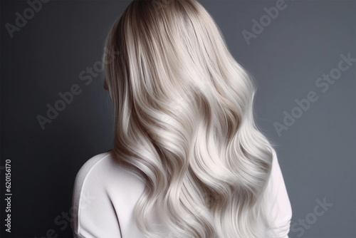 young woman with perfect blond hair in wavy styling in beauty salon after service.back view. Banner or poster. Social media content for beauty salons. Generative AI