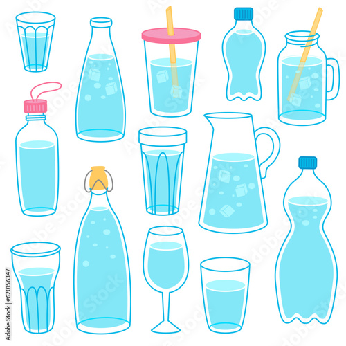 Cartoon glasses, bottles, jars with water and ice. Vector set.
