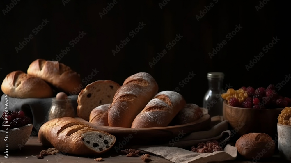 Different kinds of bread with nutrition whole grains on wooden background. Food and bakery in kitchen concept. Delicious breakfast gouemet and meal, Generative Ai