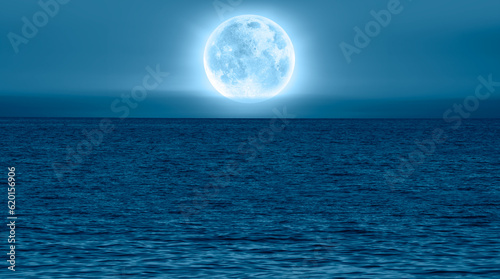 Night sky with blue moon over the calm blue sea  Elements of this image furnished by NASA 