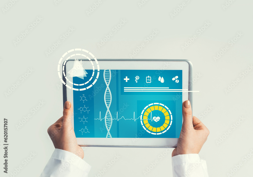 Close of female doctor hands working with tablet pc computer Close of female doctor hands working with tablet pc computer