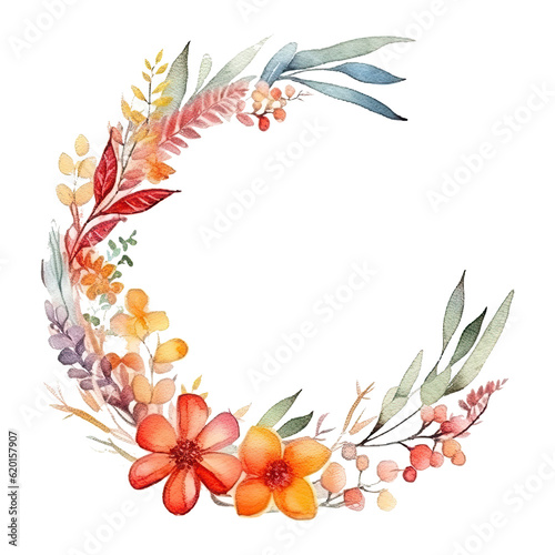 Watercolor boho round floral wedding frame on transparent background. Generative AI