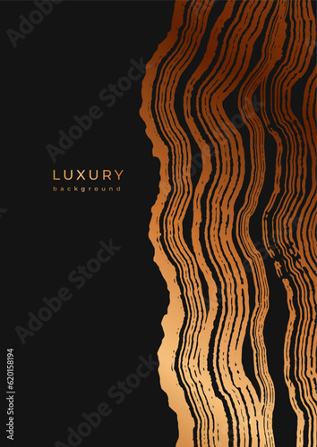 Luxury golden backgrounds with wood annual rings texture. Template with shiny tree ring pattern. Stamp of tree trunk in section. Wooden concentric circles. Black and bronze gold background. Copy space