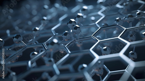 Steel chemical hexagonal structure connection network background. Science and business industrial concept. 3D illustration rendering, Generative Ai